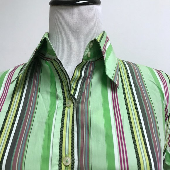 Etro Milano green purple stripes 100% cotton button up shirt i48 - Picture 2 of 9
